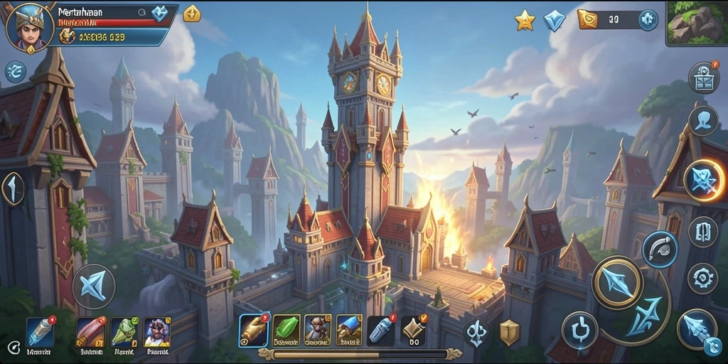 Tampilan menara dan musuh dalam permainan Tower Defense.