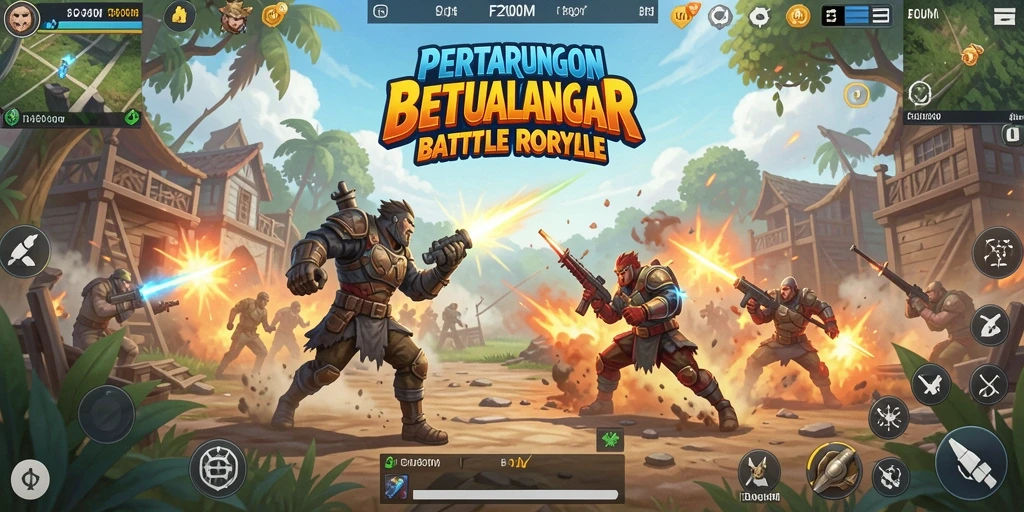 Screenshot gameplay F200M yang intens dengan aksi pertempuran Battle Royale.