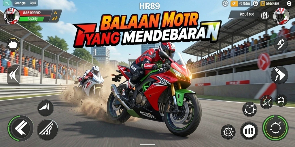Screenshot utama HR89 menampilkan aksi balapan motor yang intens dan mendebarkan.