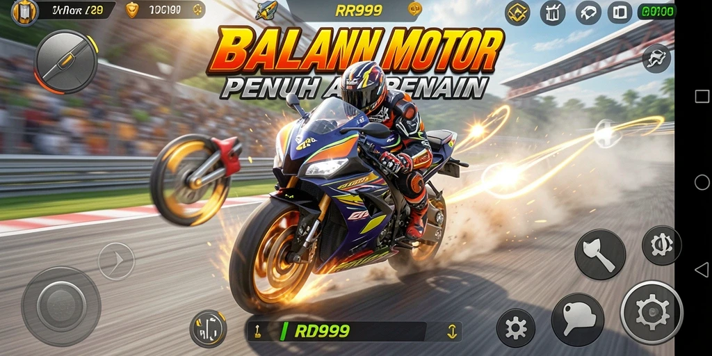 Tampilan gameplay balapan motor yang mendebarkan di RR999.